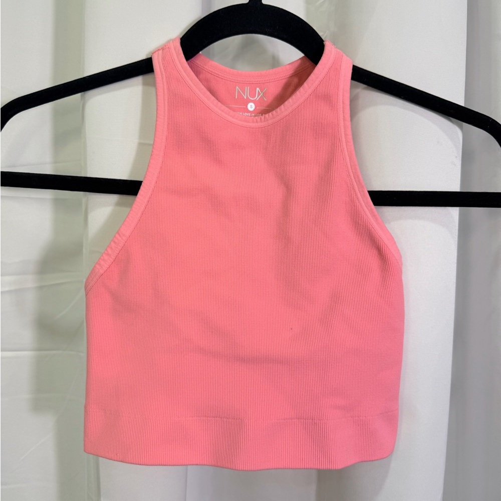 NUX Coral Pink Ribbed High-Neck Crop Tank
